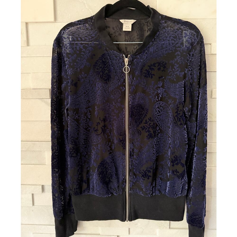 ARIAT Velvet Burnout Sparkle Semi Sheer Floral Zip Bomber Jacket Blue Black M